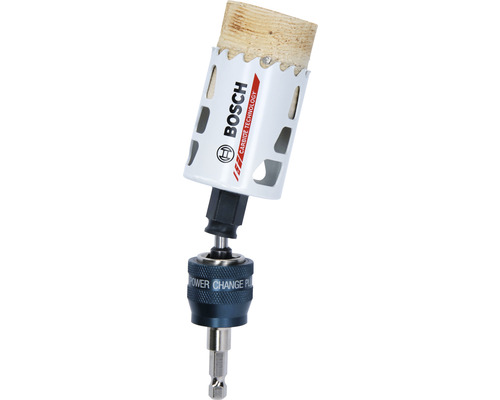 Bosch Lochsäge mit Holzstück und Power Change Plus Adapter