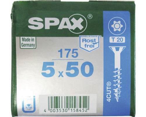 Spax Universalschraube T-STAR plus Senkkopf TX Teilgewinde 5x50 mm Edelstahl A2 175 Stück SPAX Schraubenpackung mit 175 Schrauben der Größe 5x50