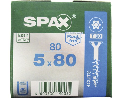 Spax Universalschraube T-STAR plus Senkkopf TX Teilgewinde 5x80 mm Edelstahl A2 80 Stück SPAX Universalschrauben 5,0 x 80 mm Packung