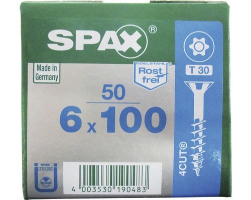 Spax Universalschraube T-STAR plus Senkkopf TX Teilgewinde 6x100 mm Edelstahl A2 50 Stück Packung Spax Schrauben, 6x100, Edelstahlausführung