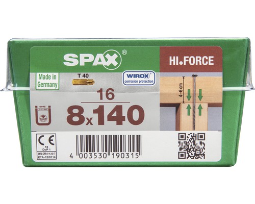 Spax Holzbauschraube HI.FORCE T-STAR plus Tellerkopf TX Teilgewinde 8x140 mm WIROX 16 Stück Spax Schrauben 8x140 Millimeter, 16 Stück, mit Korrosionsschutz