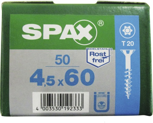 Spax Universalschraube T-STAR plus Senkkopf TX Teilgewinde 4,5x60 mm Edelstahl A2 50 Stück Spax Schraubenbox mit 50 Edelstahlschrauben, Größe 4,5x60 und T20 Torx