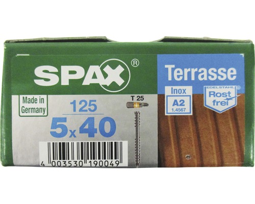 Verpackung Spax Terrassenschrauben 5x40 mm, 125 Stück, aus Edelstahl A2, rostfrei, Made in Germany