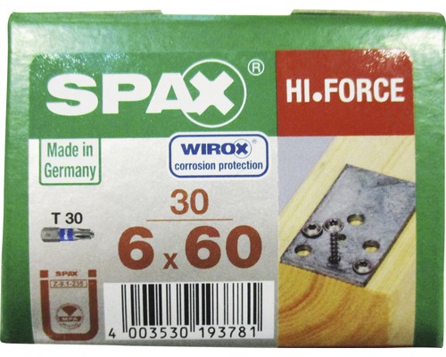 Spax Holzbauschraube HI.FORCE T-STAR plus Tellerkopf TX Vollgewinde 6x60 mm WIROX 30 Stück SPAX Hi.Force Schraubenpackung 6x60 mit Korrosionsschutz