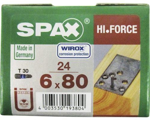 Spax Holzbauschraube HI.FORCE T-STAR plus Tellerkopf TX Vollgewinde 6x80 mm WIROX 24 Stück SPAX Hi-Force Schraubenpackung mit Korrosionsschutz, Größe 6x80 Millimeter