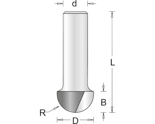 Skizze eines Kugelfräserkopfes mit Maßangaben