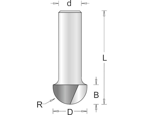 Illustration eines Kugelkopffräsers mit Maßangaben