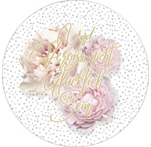 Dekorativer Aufkleber mit floralem Design und dem Schriftzug Und vergiss nicht glücklich zu sein.