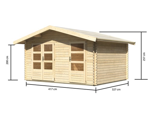 Abbildung eines Holzgartenhauses mit den Maßen 417 x 327 x 257 Zentimeter