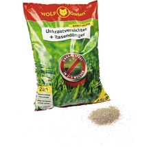 Wolf Garten Unkrautvernichter plus Rasendünger im Beutel mit Produkt daneben