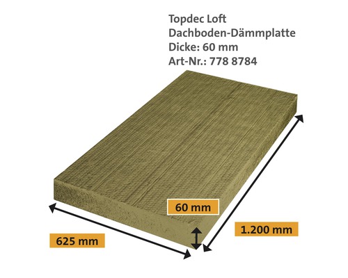 Topdec Loft Dachboden Dämmplatte mit einer Dicke von 60 mm und den Maßen 625 mm mal 1200 mm.