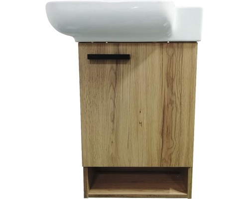 Waschbeckenunterschrank mit Holztür und offenem Fach