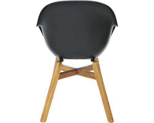 Rückansicht eines schwarzen Stuhls mit Holzbeinen.