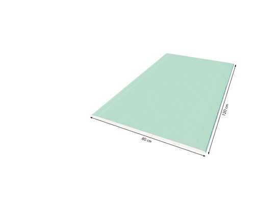 Grüne Gipskartonplatte mit den Maßen 60 cm mal 120 cm.