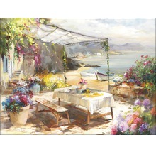 Gemälde einer Küstenszene mit Tisch und Blumen