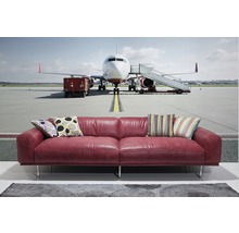 Zweisitzer Sofa aus Leder mit Kissen vor Flugzeugkulisse