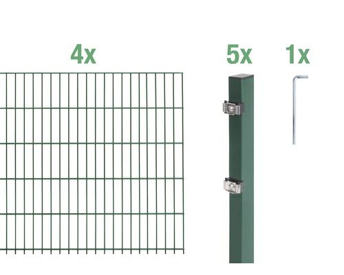 Doppelstabmatten-Set ALBERTS Typ 6/5/6 800 x 120 cm grün Vier Zaunelemente, fünf Zaunpfosten und ein Montagewerkzeug