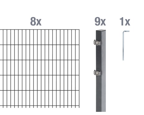 Doppelstabmatten-Set ALBERTS Typ 6/5/6 1600 x 80 cm anthrazit Acht Zaunelemente, neun Zaunpfosten und ein Schraubenschlüssel für den Zaunbau