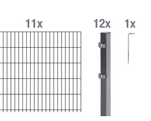 Doppelstabmatten-Set ALBERTS Typ 6/5/6 2200 x 100 cm anthrazit Elf Zaunelemente, zwölf Zaunpfosten und ein Inbusschlüssel für den Zaunbau