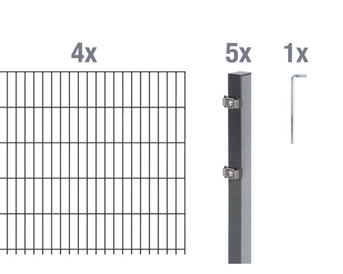 Doppelstabmatten-Set ALBERTS Typ 6/5/6 800 x 120 cm anthrazit Zaunbausatz mit vier Zaunelementen, fünf Zaunpfosten und einem Schraubenschlüssel
