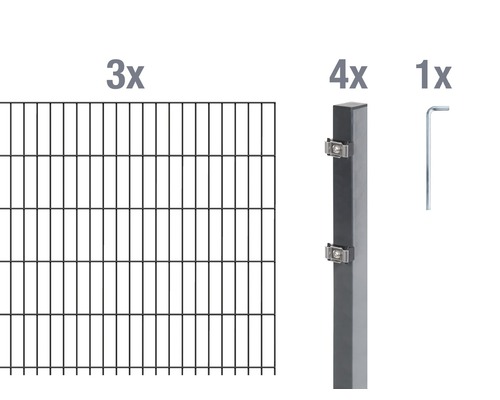 Doppelstabmatten-Set ALBERTS Typ 6/5/6 600 x 80 cm anthrazit Drei Zaunelemente, vier Zaunpfosten und ein Schraubenschlüssel für Zaunbau