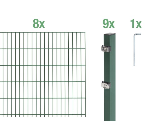 Doppelstabmatten-Set ALBERTS Typ 6/5/6 1600 x 100 cm grün Acht Doppelstabmatten, neun Zaunpfosten und ein Schraubenschlüssel für den Zaunbau.