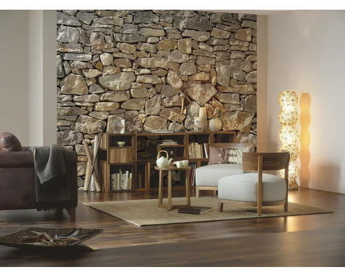 Wohnzimmer mit Steinwand, Holzregal und Sitzmöbeln auf Teppich