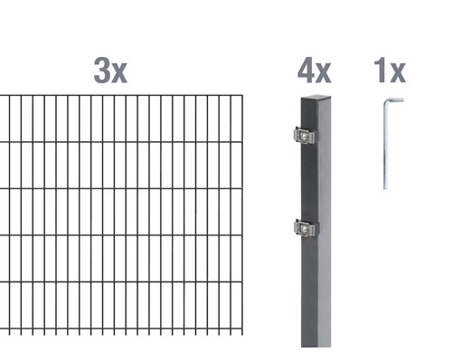 Doppelstabmatten-Set ALBERTS Typ 6/5/6 600 x 100 cm anthrazit Drei Zaunelemente, vier Zaunpfosten und ein Inbusschlüssel für den Zaunbau