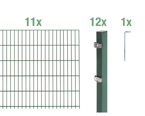 Doppelstabmatten-Set ALBERTS Typ 6/5/6 2200 x 100 cm grün Elf Zaunelemente, zwölf Zaunpfosten und ein Inbusschlüssel