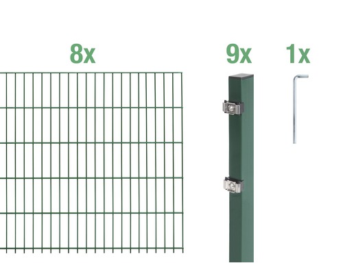 Doppelstabmatten-Set ALBERTS Typ 6/5/6 1600 x 80 cm grün Acht Zaunelemente, neun Zaunpfosten und ein Gabelschlüssel für den Zaunbau