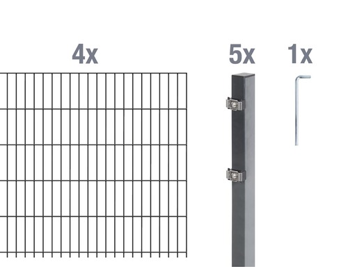 Doppelstabmatten-Set ALBERTS Typ 6/5/6 800 x 100 cm anthrazit Vier Zaunelemente, fünf Pfosten und ein Schraubenschlüssel für den Zaunbau.