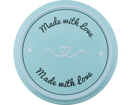 Deckel mit der Aufschrift ''Mit Liebe gemacht'' und einem Herzsymbol