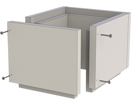 Würfelförmiges Holzmöbelstück mit Schrauben befestigt