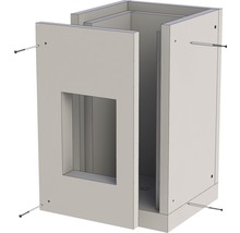 Holzunterschrank mit quadratischer Öffnung und Schrauben