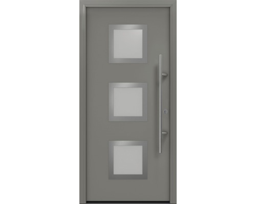 Haustür EcoStar ISOPRO Secur IPS 810S 1100 x 2100 mm Rechts RAL 9007 graualuminium matt inkl. Beschlag-Set,Edelstahl Stangengriff,Sicherheitsprofilzylinder mit 5 Schlüsseln Graue Haustür mit drei quadratischen Glaseinsätzen und Edelstahlgriff