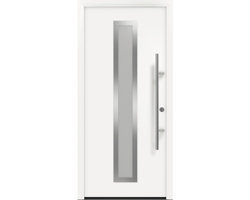 Haustür EcoStar ISOPRO Secur IPS 700S 1100 x 2100 mm Rechts RAL 9016 verkehrsweiß inkl. Beschlag-Set,Edelstahl Stangengriff,Sicherheitsprofilzylinder mit 5 Schlüsseln Weiße Haustür mit rechteckigem Glaseinsatz und Griffstange