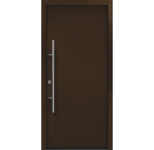 Braune Haustür mit Edelstahlgriff.