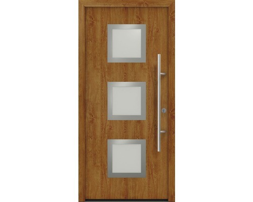 Haustür EcoStar ISOPRO Secur IPS 810S 1100 x 2100 mm Rechts golden oak inkl. Beschlag-Set,Edelstahl Stangengriff,Sicherheitsprofilzylinder mit 5 Schlüsseln Haustür mit drei quadratischen Glaseinsätzen und Stangengriff