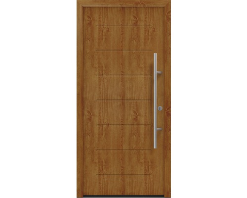 Haustür EcoStar ISOPRO Secur IPS 015 1100 x 2100 mm Rechts golden oak inkl. Beschlag-Set,Edelstahl Stangengriff,Sicherheitsprofilzylinder mit 5 Schlüsseln Holztür mit geraden, eingefrästen Zierlinien und einem Griff aus Metall