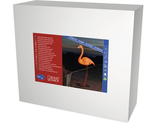 Verpackung einer LED-Dekofigur Flamingo für den Außenbereich
