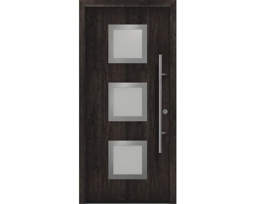 Haustür EcoStar ISOPRO Secur IPS 810S 1100 x 2100 mm Rechts night oak inkl. Beschlag-Set,Edelstahl Stangengriff,Sicherheitsprofilzylinder mit 5 Schlüsseln Haustür mit drei quadratischen Glaseinsätzen und Griff