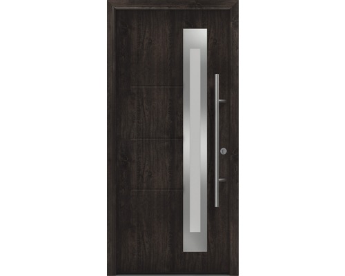 Haustür EcoStar ISOPRO Secur IPS 780S 1100 x 2100 mm Rechts night oak inkl. Beschlag-Set,Edelstahl Stangengriff,Sicherheitsprofilzylinder mit 5 Schlüsseln Dunkle Holztür mit silberfarbenem Griff und Einsatz