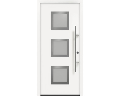 Haustür EcoStar ISOPRO Secur IPS 810S 1100 x 2100 mm Rechts RAL 9016 verkehrsweiß inkl. Beschlag-Set,Edelstahl Stangengriff,Sicherheitsprofilzylinder mit 5 Schlüsseln Weiße Haustür mit drei quadratischen Fenstern und einem Griff aus Metall.