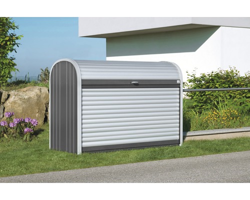 Metall Geräteschrank mit Rolltor auf einer Rasenfläche