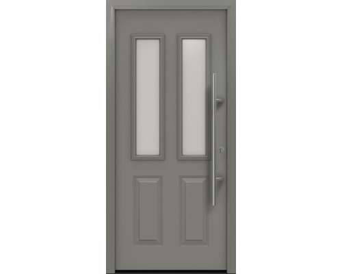 Haustür EcoStar ISOPRO Secur IPS 410S 1100 x 2100 mm Rechts RAL 9007 graualuminium matt inkl. Beschlag-Set,Edelstahl Stangengriff,Sicherheitsprofilzylinder mit 5 Schlüsseln Graue Haustür mit zwei rechteckigen Glaseinsätzen und Stangengriff