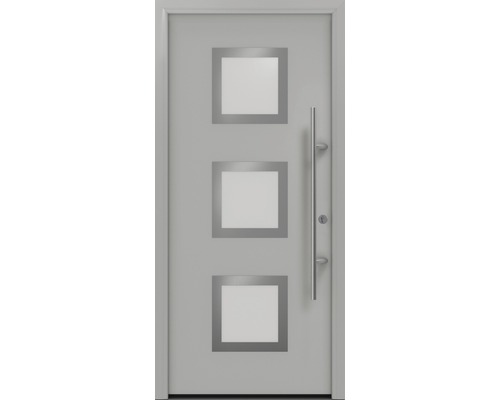 Haustür EcoStar ISOPRO Secur IPS 810S 1100 x 2100 mm Rechts RAL 9006 weißaluminium matt inkl. Beschlag-Set,Edelstahl Stangengriff,Sicherheitsprofilzylinder mit 5 Schlüsseln Haustür mit drei quadratischen Glaseinsätzen und Stangengriff