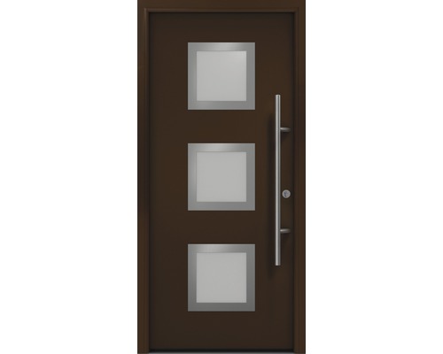 Haustür EcoStar ISOPRO Secur IPS 810S 1100 x 2100 mm Rechts RAL 8028 terrabraun inkl. Beschlag-Set,Edelstahl Stangengriff,Sicherheitsprofilzylinder mit 5 Schlüsseln Moderne Haustür mit drei quadratischen Glaseinsätzen und Edelstahlgriff