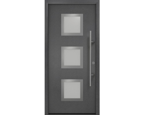 Haustür EcoStar ISOPRO Secur IPS 810S 1100 x 2100 mm Rechts CH703 anthrazit metallic inkl. Beschlag-Set,Edelstahl Stangengriff,Sicherheitsprofilzylinder mit 5 Schlüsseln Haustür mit drei quadratischen Glaseinsätzen und Stangengriff