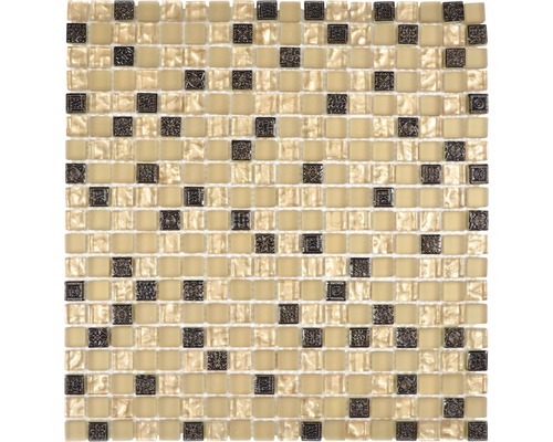 Glasmosaik mit Naturstein XCM M960 30,5x32,2 cm beige Mosaikfliese mit quadratischen, braunen und beigen Steinen