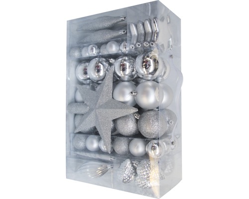 Weihnachtsbaumschmuck Set mit Stern, Kugeln und Zapfen im transparenten Kasten